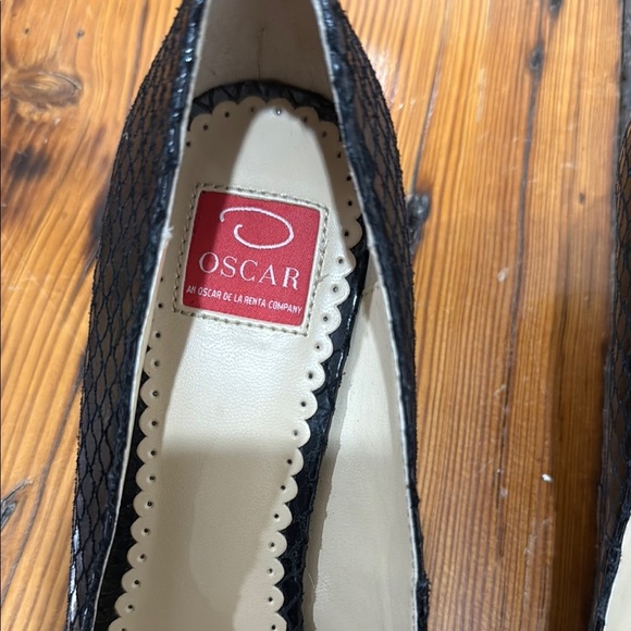 O Oscar De La Renta Bretten Women’s Black Leather Snake Skin Heels Size 7 M - Picture 2 of 16